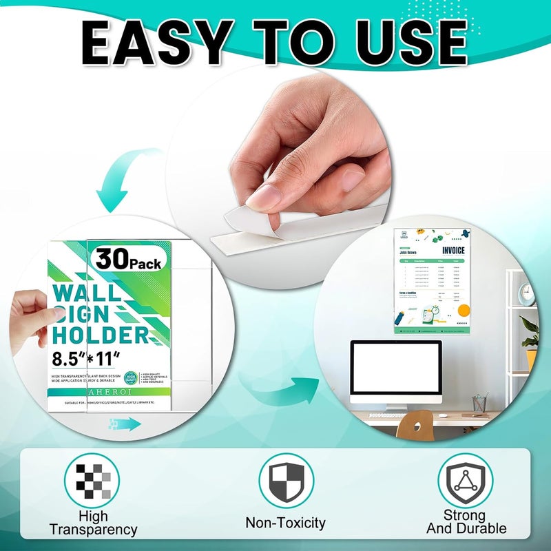Aheroi 30 قطعة حامل لافتات أكريليك 8.5 × 11، حامل لافتات حائط شفاف 8.5 × 11 مع 60 شريط لاصق، بدون حفر، إطار حائط أكريليك لحامل الأوراق، حامل مستندات للمكتب، المنزل، المطعم - Image 4